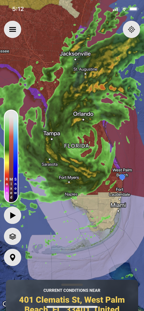 Live weather radar map of Florida showing heavy rainfall in the StormWatch plus app.