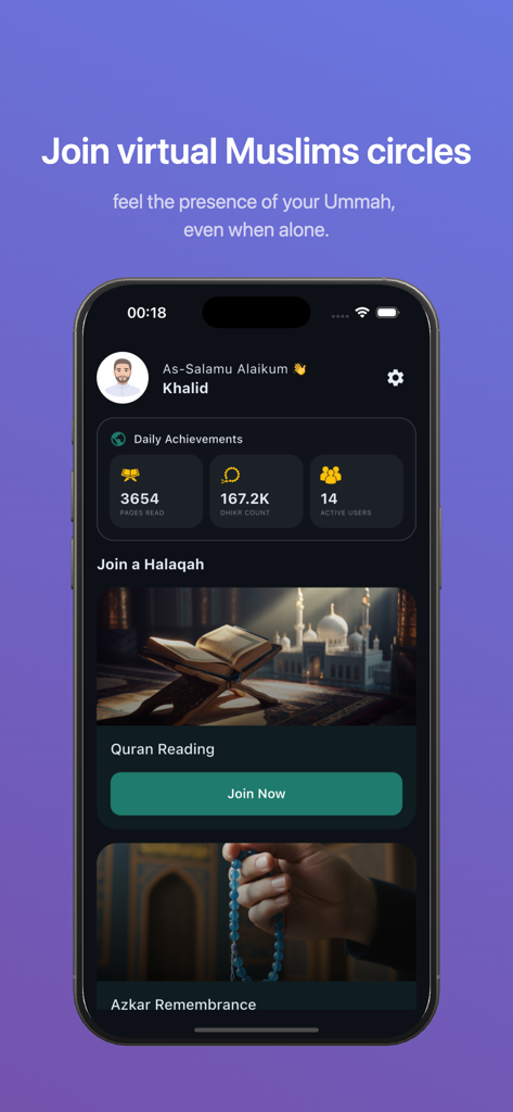 Halaqa: Quran & Dhikr Together - Halaqa app home screen displaying daily achievements and options to join virtual Quran reading and dhikr circles