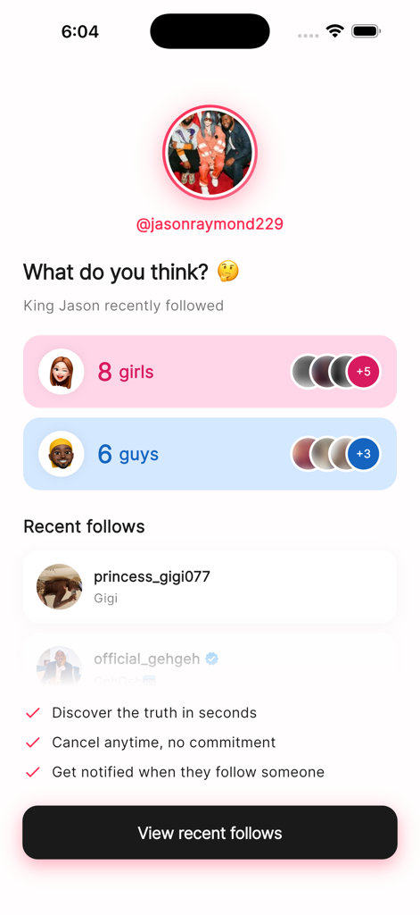 Lurk - Recent Follow Tracker - Mobile interface of Lurk app showing a summary of new follows for a tracked profile with gender breakdowns and specific accounts.