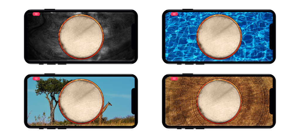 Djembe - Drum Percussion Pad - Four smartphone screens showing different background themes for the djembe drum percussion app including wood water and savanna skins