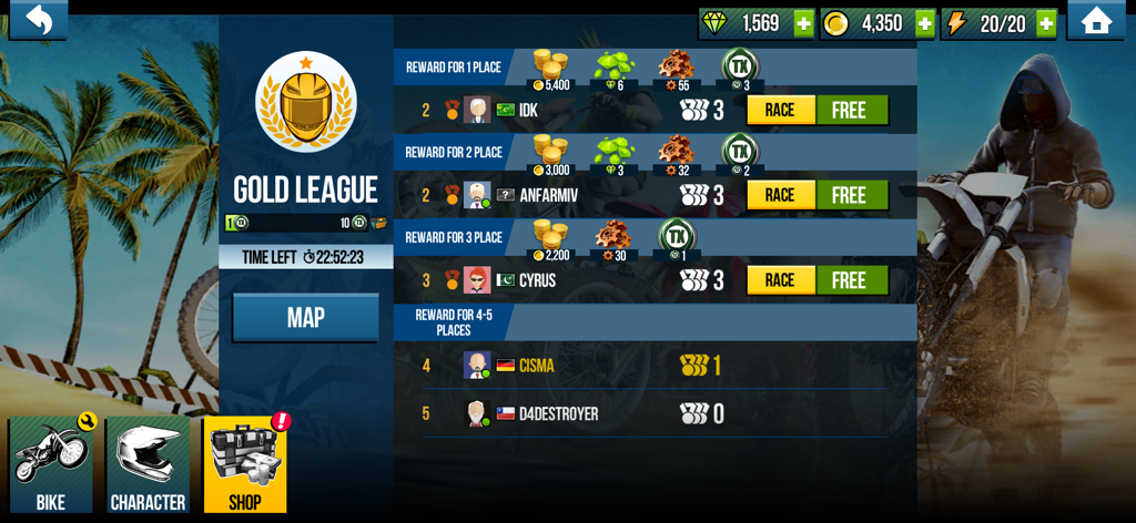 Trial Xtreme Legends - Pantalla de clasificación de la Liga Oro de Trial Xtreme Legends mostrando a los mejores jugadores y recompensas de la competición