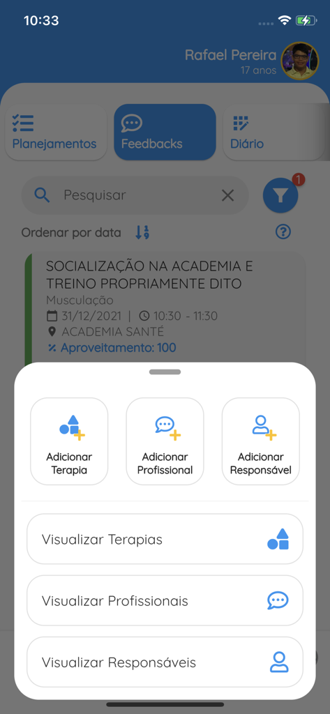 TiTa Therapy - Una schermata di un'app mobile per TiTa Therapy che mostra un menu a comparsa con opzioni per aggiungere o visualizzare terapie, professionisti e tutori per la cura del neurosviluppo infantile.
