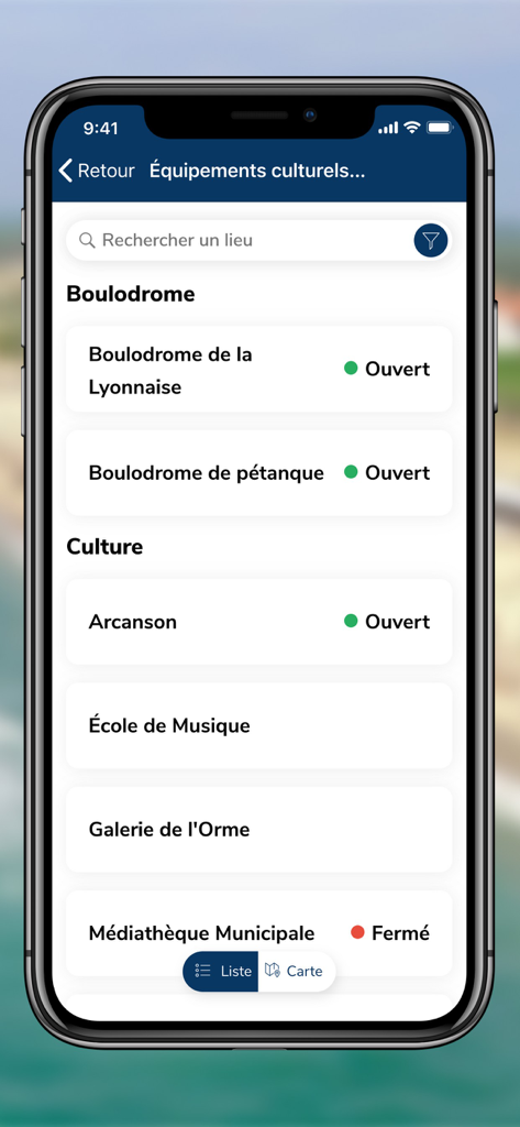 Ville de Biscarrosse - Elenco delle strutture culturali e sportive con il loro stato di apertura o chiusura sull'app Biscarrosse