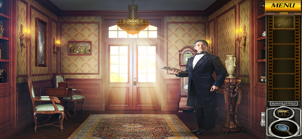 Escape Room:Adventure Traveler - Captura de tela do jogo Escape Room Adventure Traveler mostrando um mordomo em um saguão de mansão elegante com um inventário de quebra-cabeças