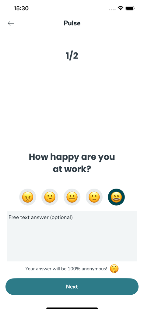 Quinyx Mobile - Quinyx Mobile Pulse survey screen asking How happy are you at work with emoji rating scales