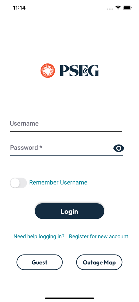 PSE&G - Login screen of the PSE&G mobile app featuring username and password fields, login button, and outage map access