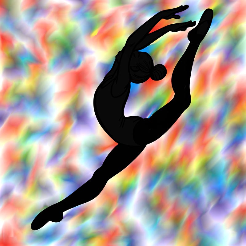 gymnast doing a leap in a leotard with a bent back leg