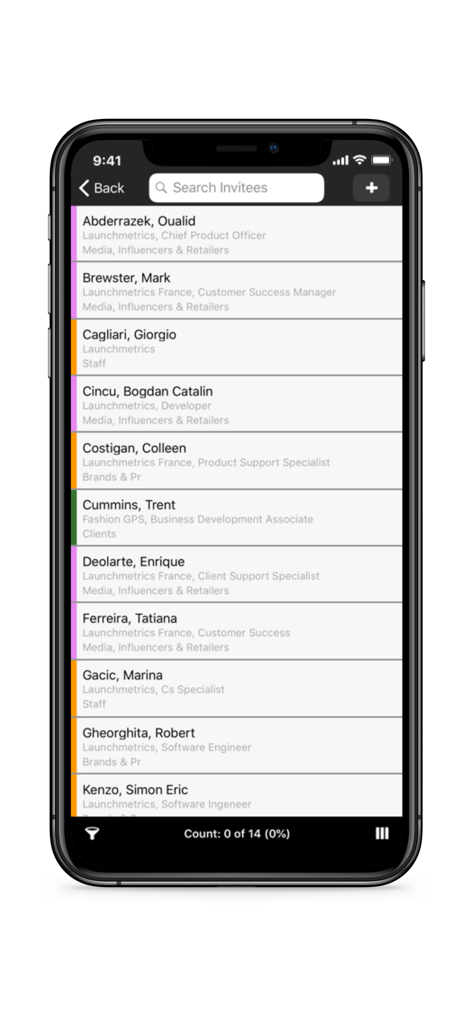 Events by Launchmetrics - Digital guest list view in the Events by Launchmetrics app showing invitee names and professional categories