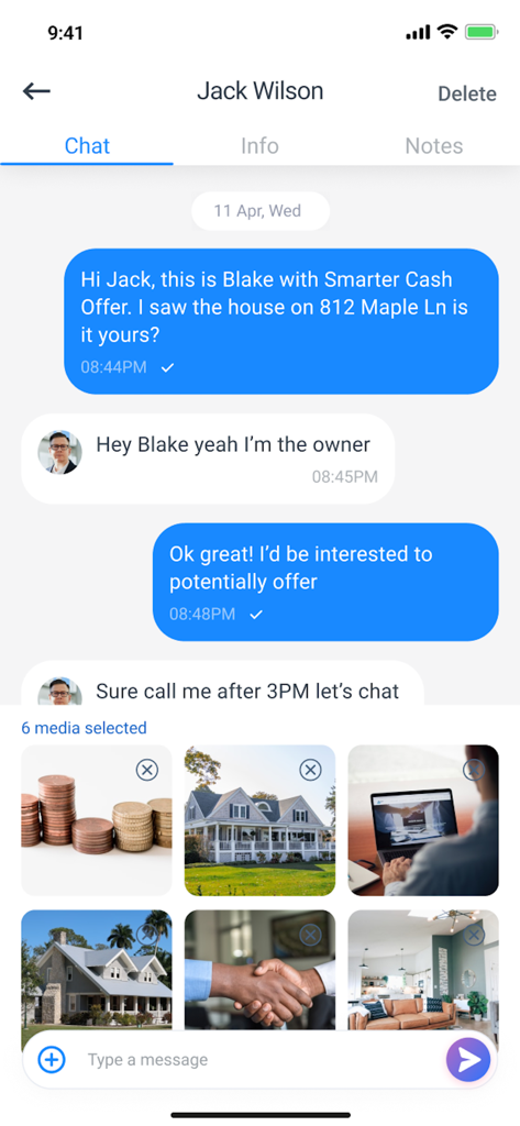 Smarter Contact - Smarter Contact mobile app chat interface showing an SMS conversation with a real estate lead including media attachments.