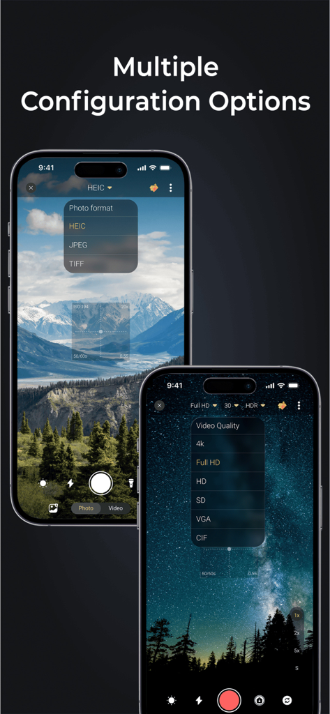 X Zoom camera app interface showing photo format and video quality settings menus