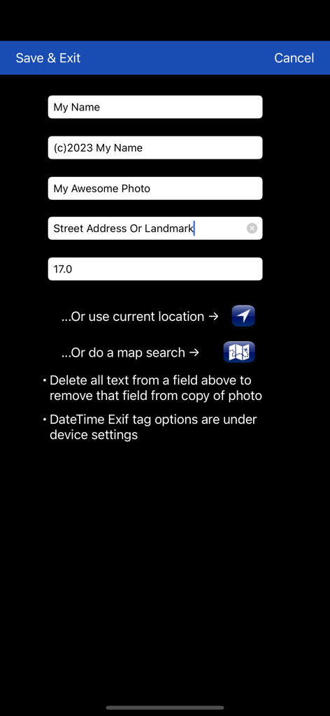 Exif Wizard-Pro - Interface for editing photo metadata fields such as artist, copyright, and GPS information.