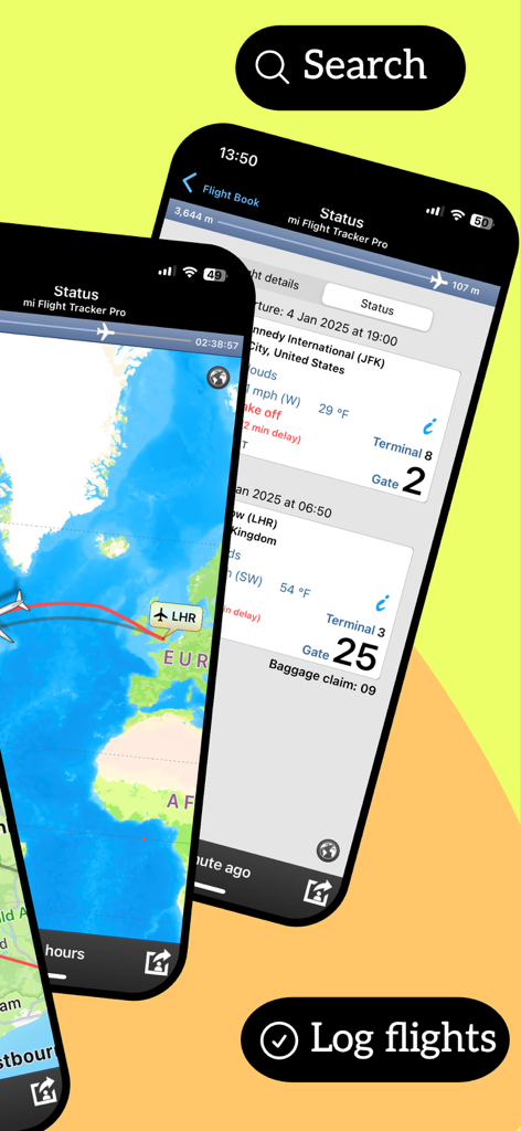 Flight Tracker, Plane Radar 24 - Interface of the Flight Tracker app showing live flight status gate information and a global flight path map