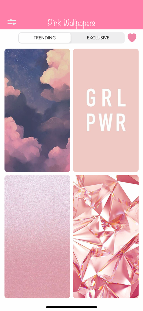 Interface of the Pink Wallpapers app showing aesthetic backgrounds including clouds glitter and crystals