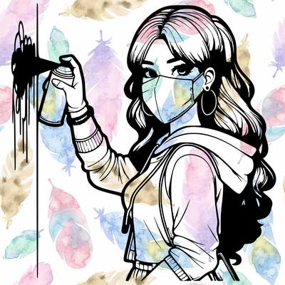 realistic girl with mask spray painting a wall