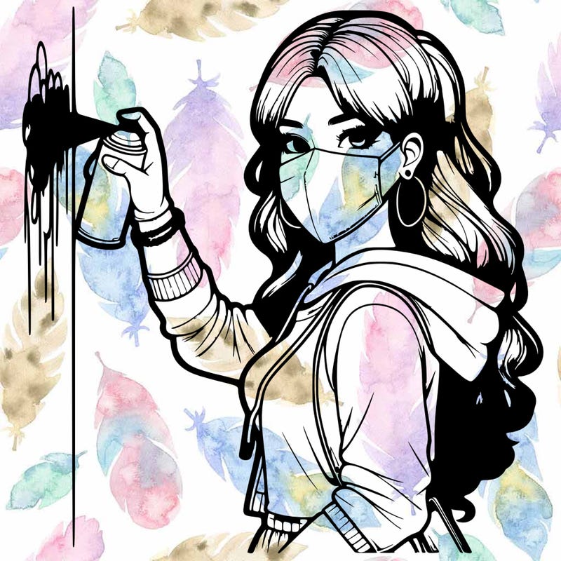 realistic girl with mask spray painting a wall