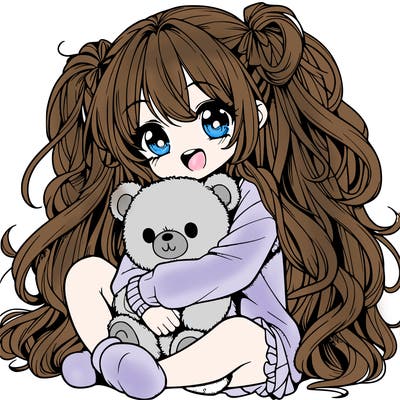 manga girl, long curly hair, happy, cuddling a teddy bear