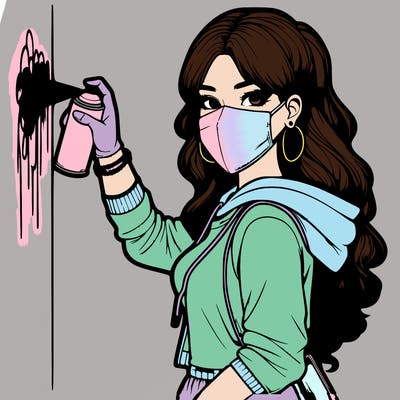 realistic girl with mask spray painting a wall