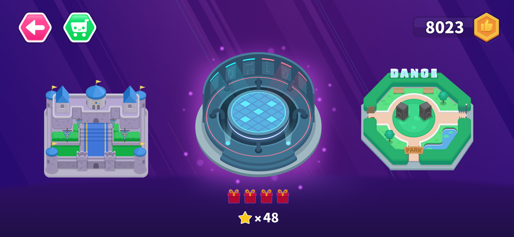 Dance Party Coding for kids - A selection menu in the Dance Party Coding app showing three different dance stage themes including a castle, a futuristic platform, and a park.