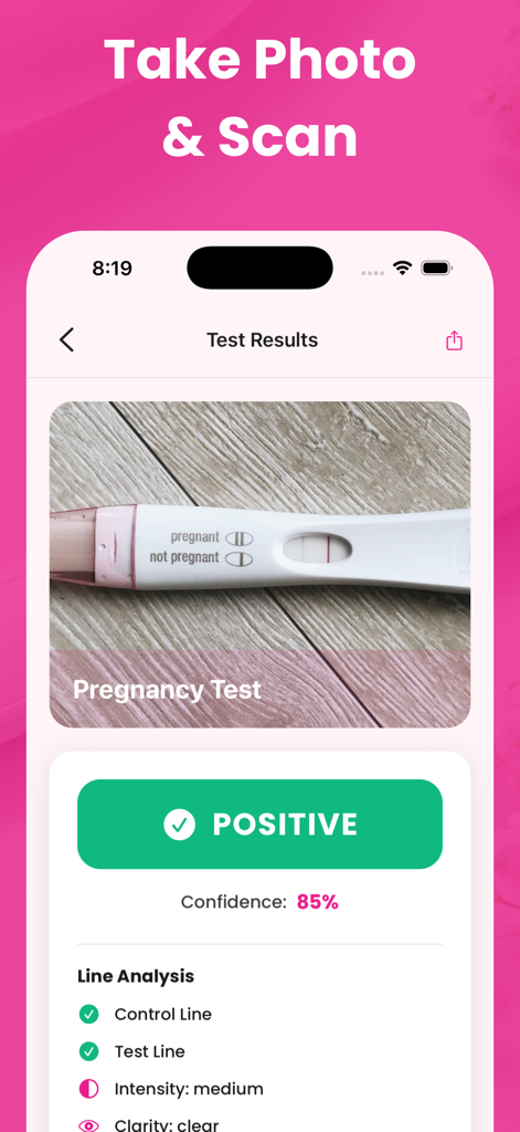 Pregnancy Test Scanner: Nuva - AI analysis of a positive pregnancy test showing a confidence score and line intensity details