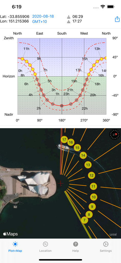 Sun Focus - Sun Focus app interface displaying a solar path plot and map overlay of the Sydney Opera House
