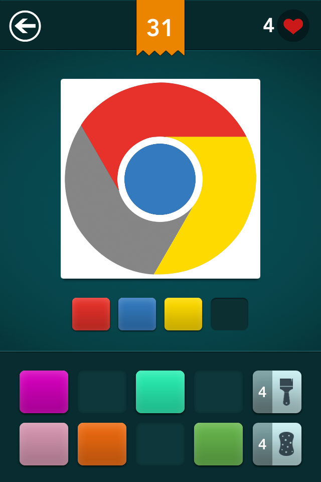 A mobile trivia game screen showing a partially colored Google Chrome logo as a puzzle level