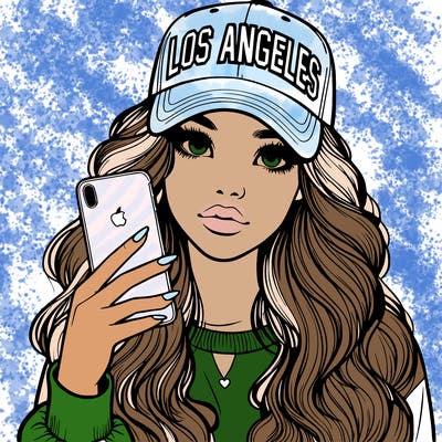 realistic beautiful girl wearing los ángeles cap holding an iphone