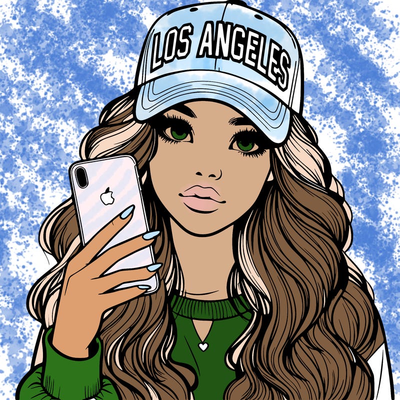 realistic beautiful girl wearing los ángeles cap holding an iphone