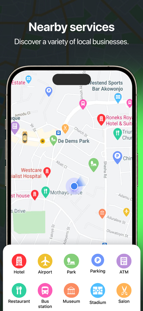 GPS Navigation & Path Finder - Interface of the GPS Navigation app displaying local services and business categories on a map