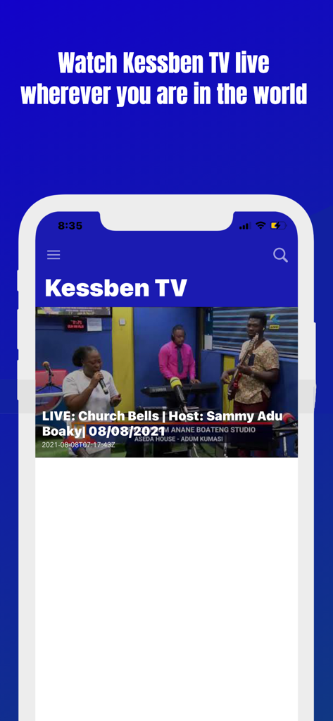 Interface of the Kessben Online app showing a live television broadcast on a mobile device.