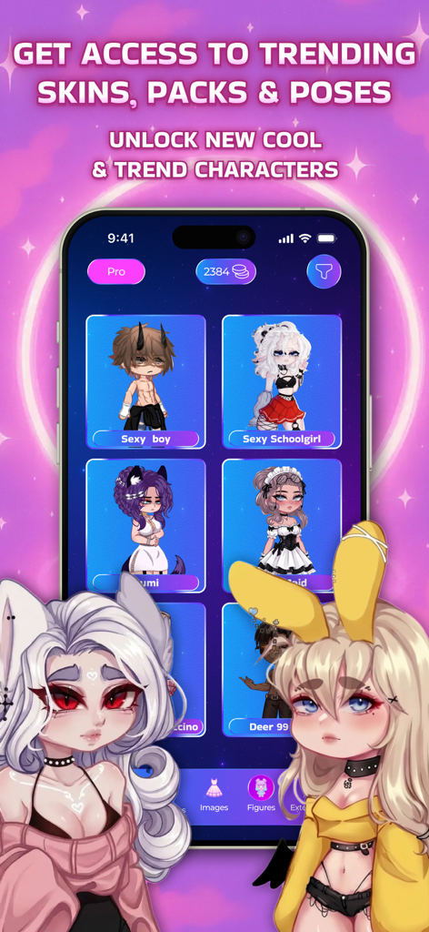 A collection of trending Gacha character skins and outfits in the Gacha World Club app interface.