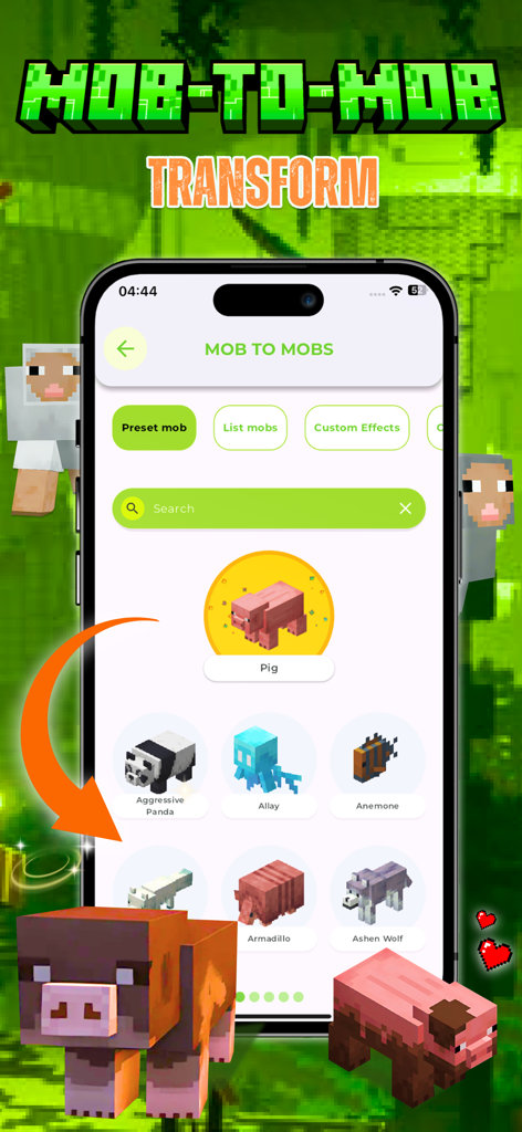 Morph Addons Maker for MCPE - Interface of Morph Addons Maker for MCPE showing mob to mob transformation options including Pig and Aggressive Panda