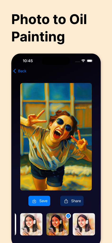 女性の写真をカラフルな油絵作品に変換したスマートフォンのアプリインターフェース