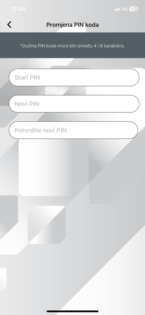 Change PIN code screen in the Ziraat Bank Montenegro mobile app showing fields for old and new PIN