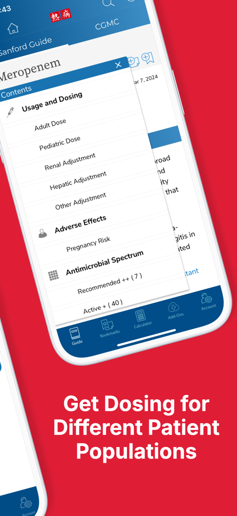 Sanford Guide Antimicrobial - Sanford Guide app interface showing medical dosing and usage guidelines for different patient populations