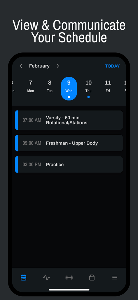 RackCoach exibindo um horário diário de treinos e treinamento para treinadores atléticos