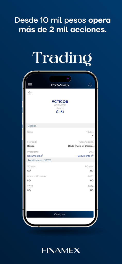 Smartphone screen showing the Finamex trading interface with stock market details and a buy button in Spanish