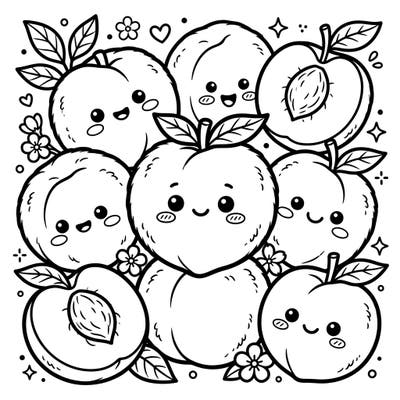 Dive into a world of cuteness with this charming Kawaii peaches coloring page, perfect for young fruit lovers. Featuring plump, happy peaches with sweet faces, it's an inviting canvas for creative little hands.