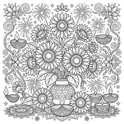 Celebrate Diwali with this radiant coloring page featuring a beautiful sunflower bouquet and traditional festive elements. Bring the joy of the Festival of Lights to life with your favorite colors.