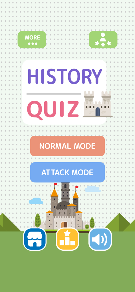 History Quiz - Game - History Quiz game main menu screen featuring buttons for Normal Mode and Attack Mode with a castle illustration.