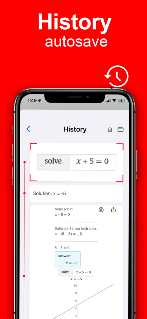 Math Solver Homework helper - Interface of the Math Solver app showing the history autosave feature with a solved algebra problem and step by step explanation