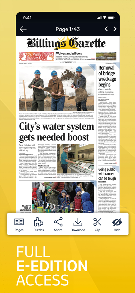 Billings Gazette - A mobile phone screen displaying the Billings Gazette digital E-edition with options to read pages, play puzzles, and share articles.