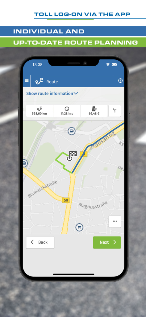 Toll Collect app route planning screen showing distance time and toll cost on a map
