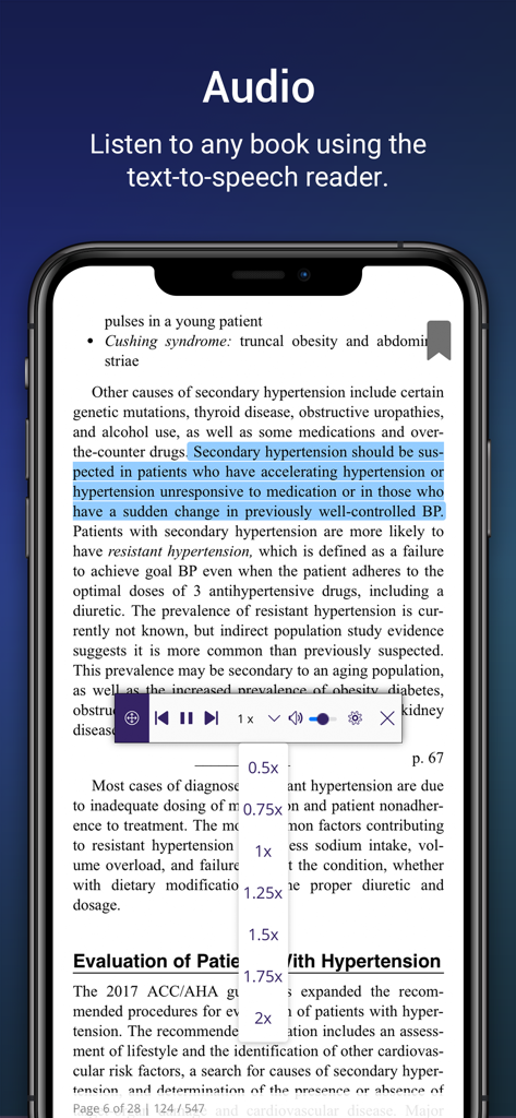 AAO eBooks - Interface of the AAO eBooks app showing the text-to-speech audio feature and playback speed controls over medical text.