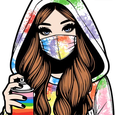 girl wearing a mask with long hair with her hood up spray-painting realistic