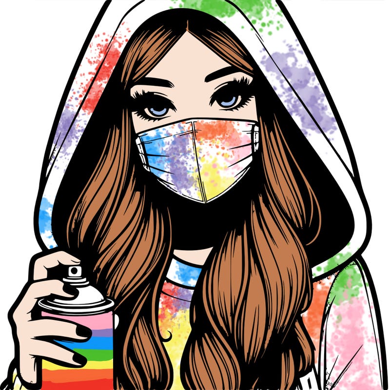 girl wearing a mask with long hair with her hood up spray-painting realistic