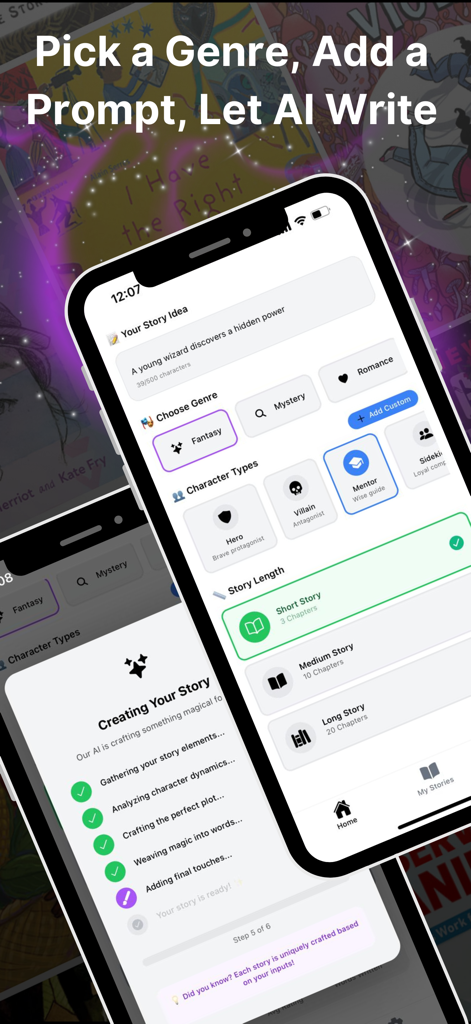 AI Storyteller: Book Creator - Mobile screens of the AI Storyteller app showing the story creation interface with genre selection and progress tracking