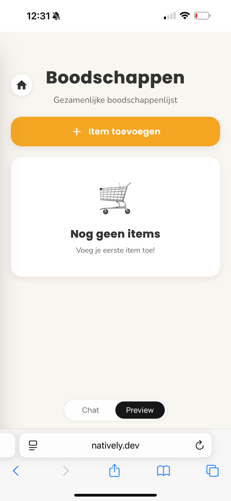 Flow Fam - Interfaz de la aplicación Flow Fam que muestra una lista de compras familiar compartida con un icono de carrito de compras