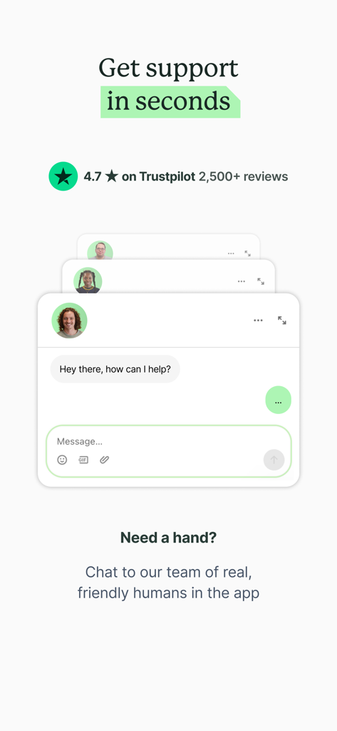 Honest Mobile app customer support chat interface featuring a high Trustpilot rating and real-time messaging with human agents.