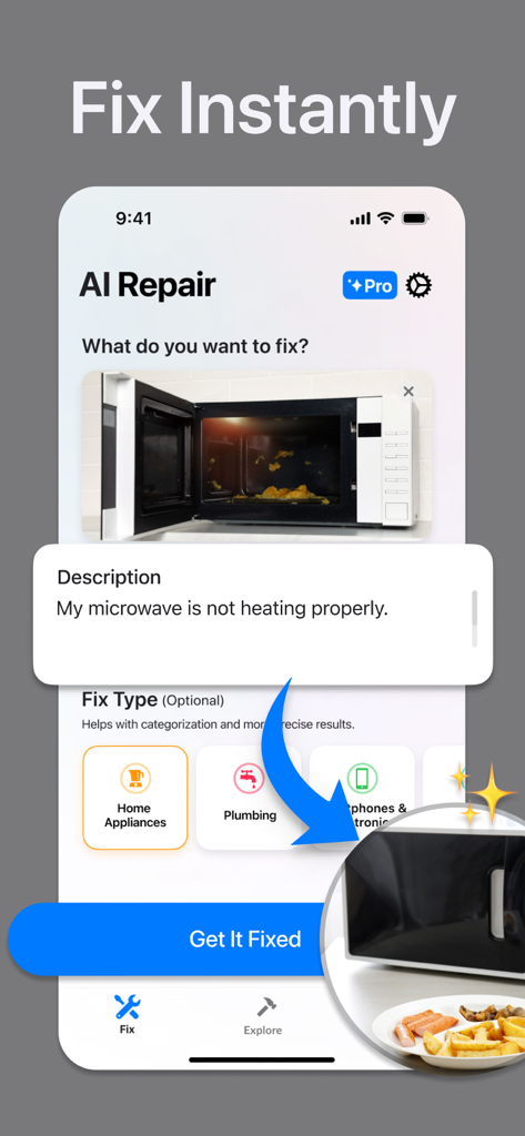 AI Repair: DIY Home Fix Guide - AI Repair app screen showing a microwave repair request with description and home appliance categories