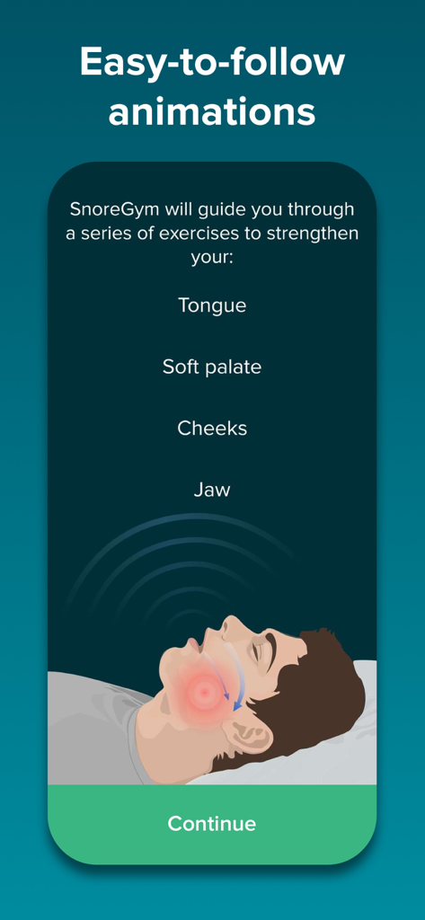 SnoreGym : Reduce Your Snoring - SnoreGym app screen showing exercises to strengthen the tongue soft palate cheeks and jaw.